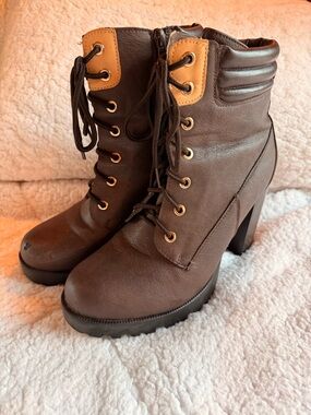 Dream Pairs Brown Lace-Up Zipper Heeled Ankle Boots